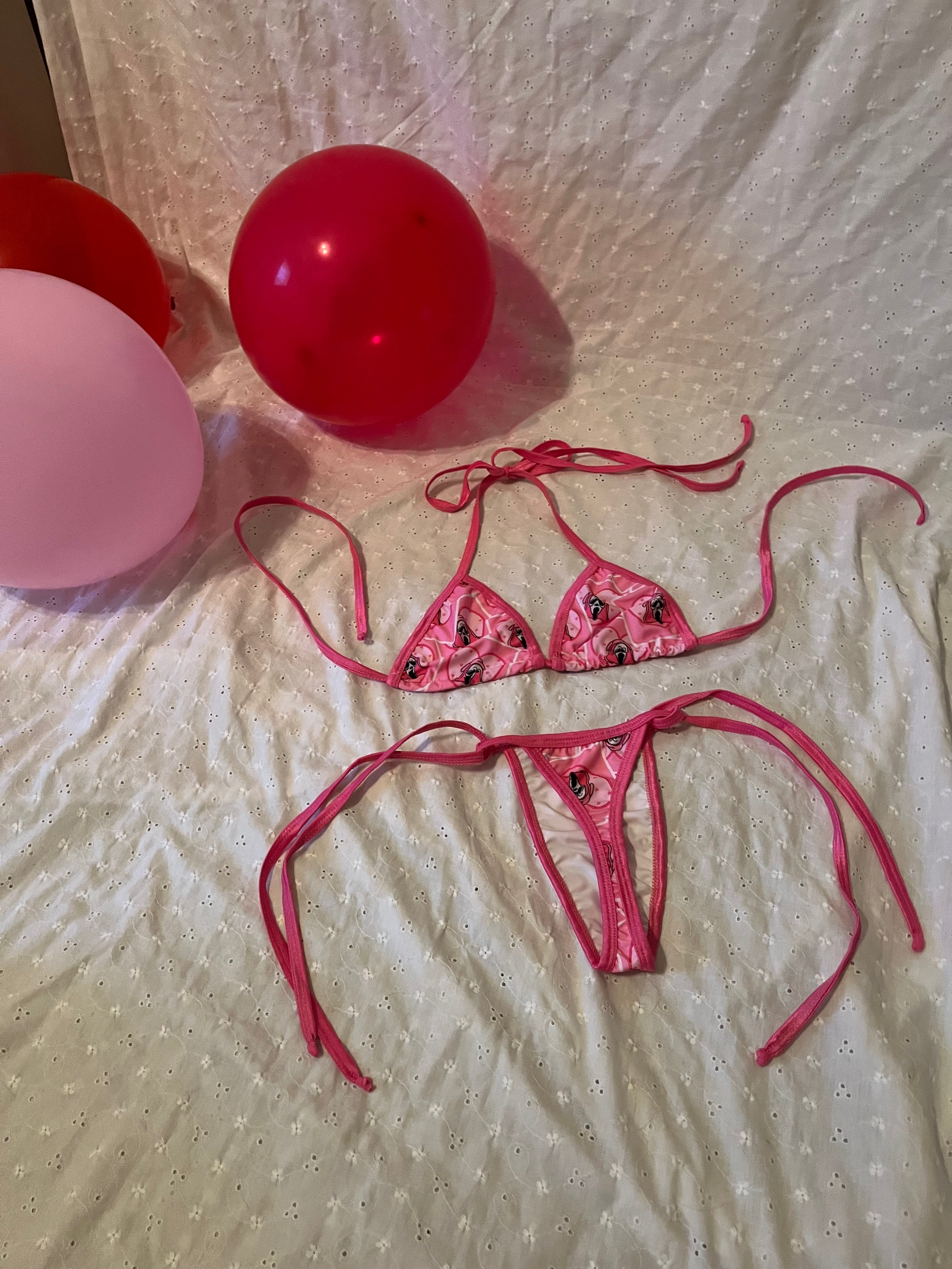 Demon Bikini Be My Valentine // Bottom Pink, White And Blue Thong Micro Bikini Bottom
