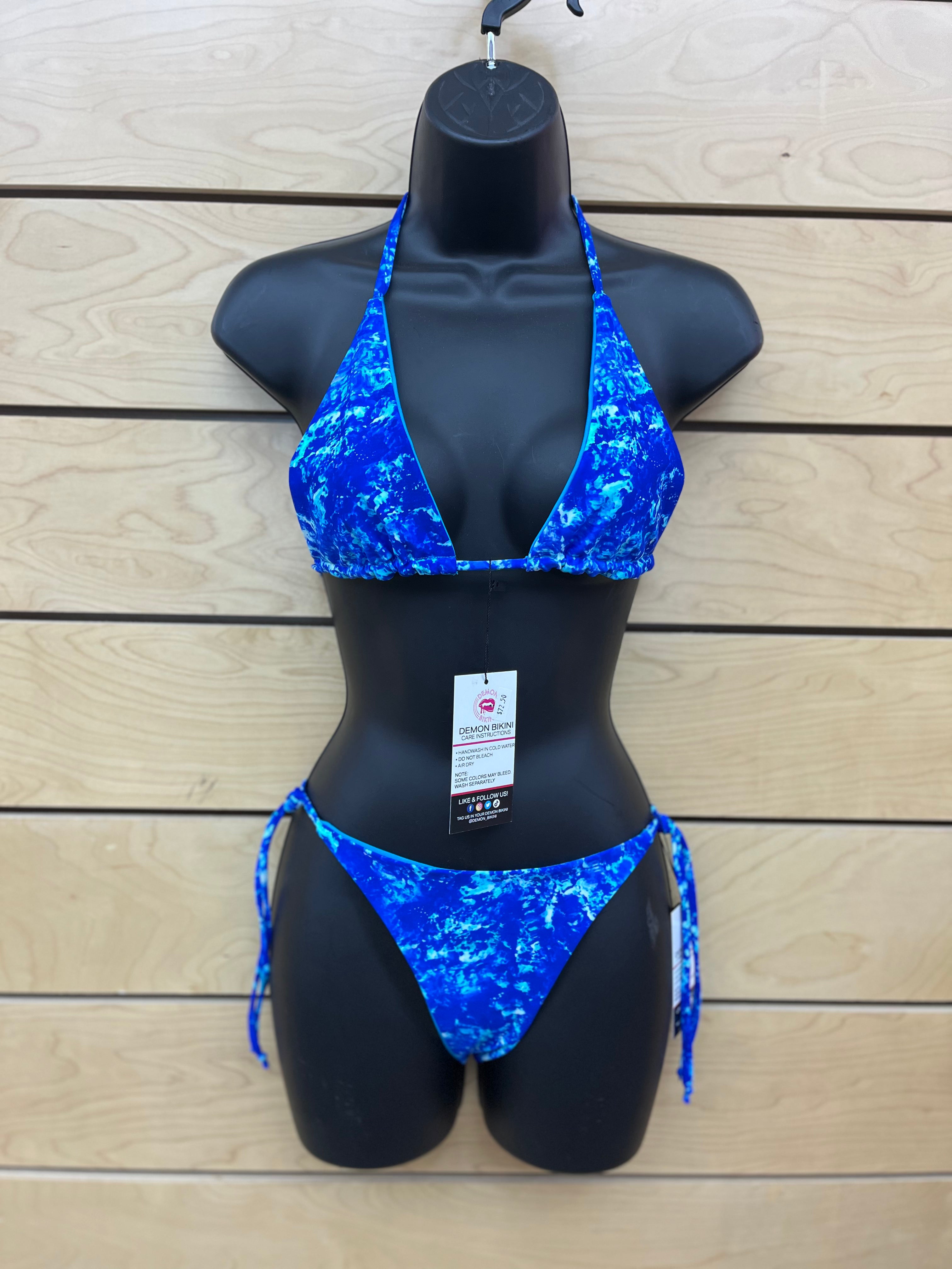 Demon Bikini SPLASH // Bottom Blue And White Cheeky String Bikini